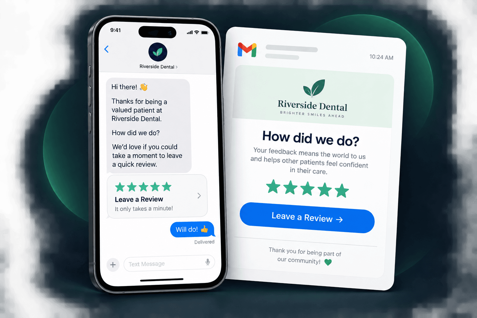 Phone text message and email review request preview