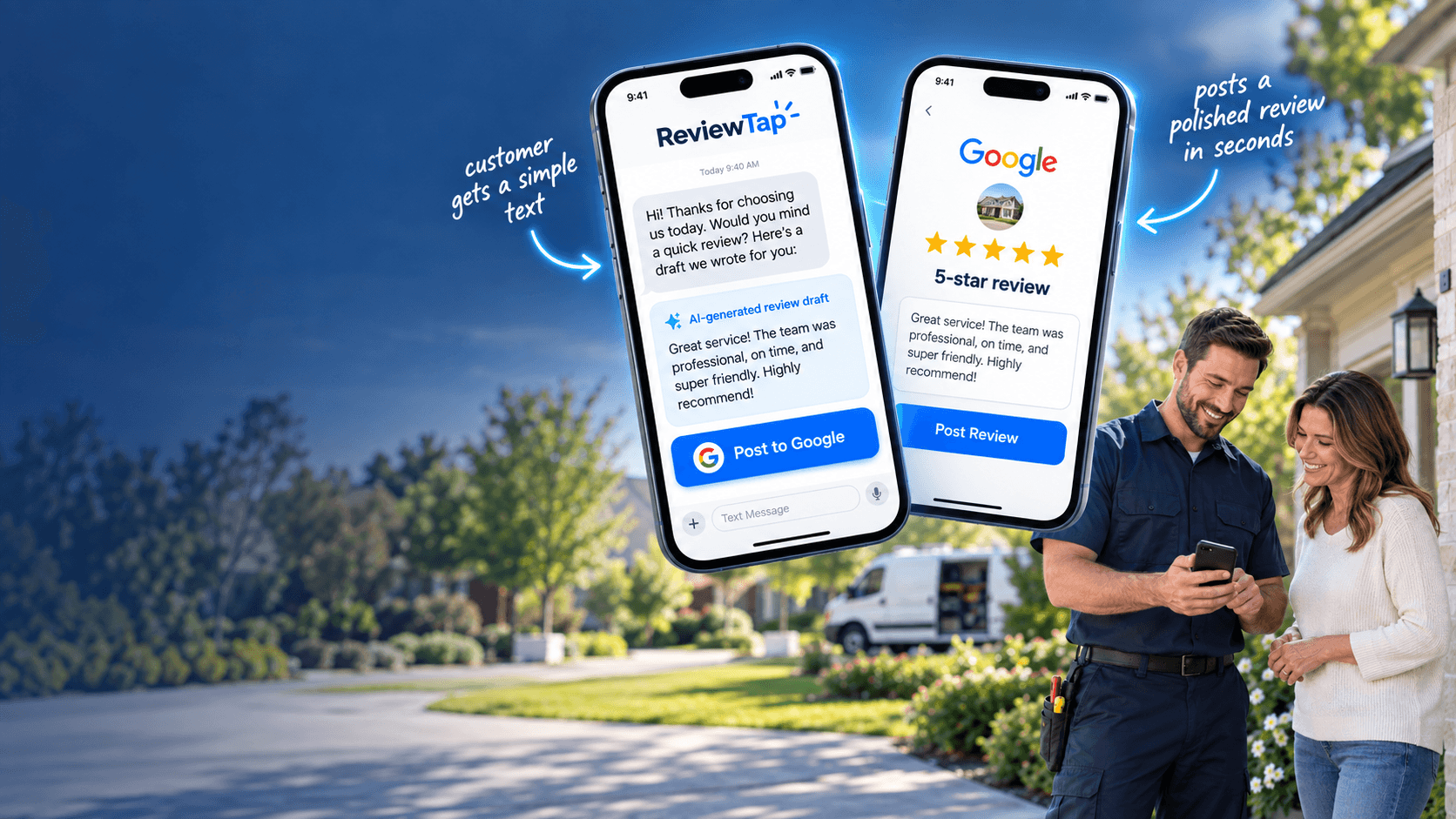 Local service customer review flow with ReviewTap phone screens