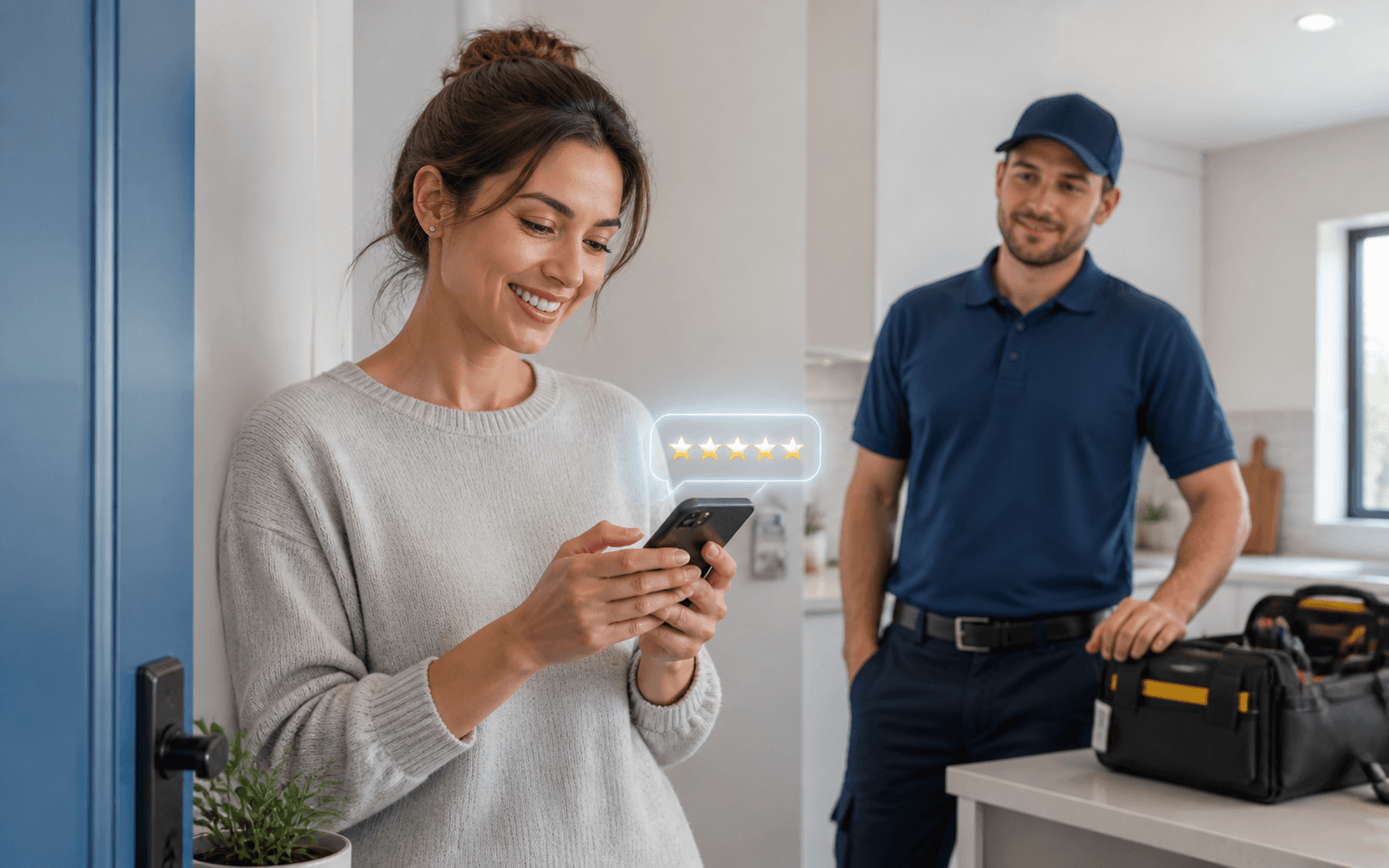Happy customer reviewing a completed service visit